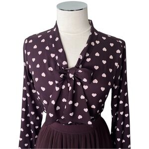 LOFT Heart Print Blouse with Bow Dark Maroon Purple & Light Pink Hearts Sz SP